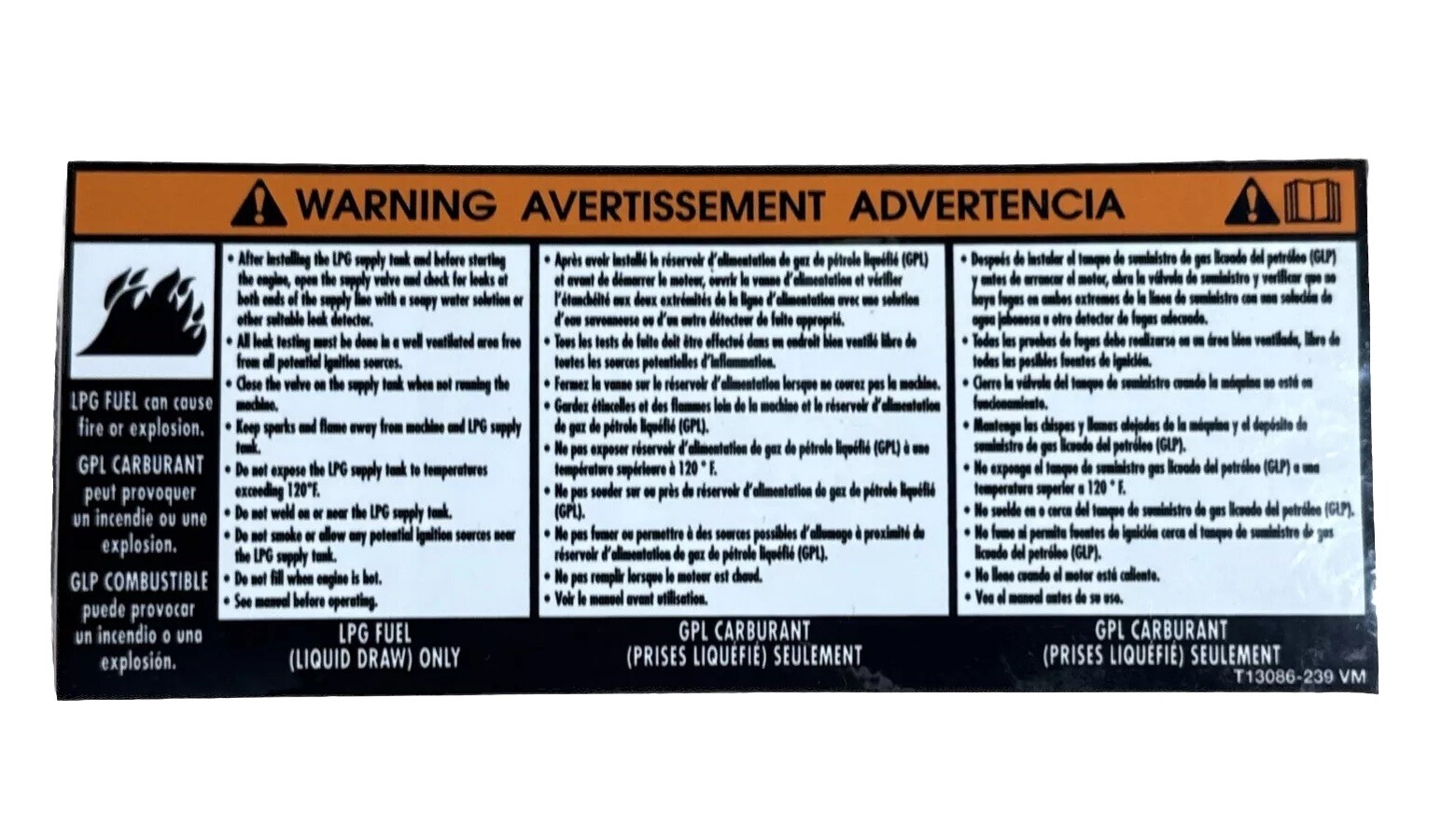 Lincoln Electric 9ST13086-239 FUEL Warning DECAL T13086-239 Sticker