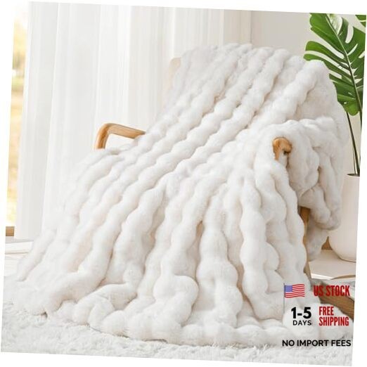 Luxury 1000GSM Faux Rabbit Fur Throw Blanket, Super Heavy Throw-50"x60" White