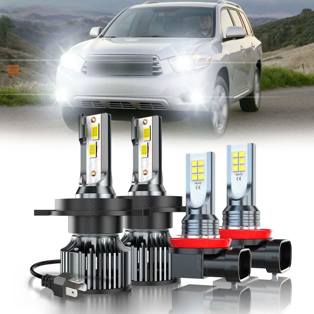 For Toyota Highlander 2008-10 LED Headlight High Low Beam Fog Light Combo Kit