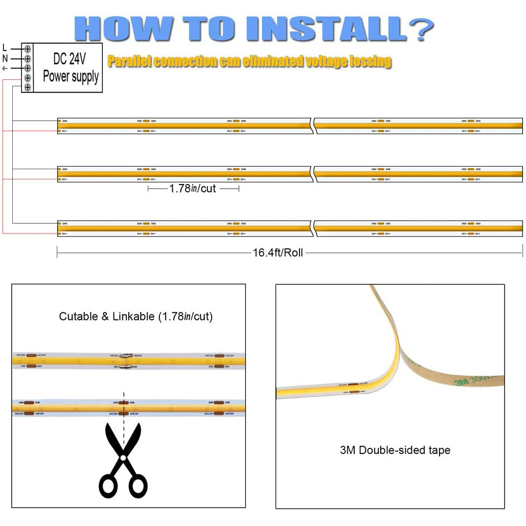 16.4ft COB LED Light 12/24V 384/528 LED/M IP20 Light Strips for Room Cuttable