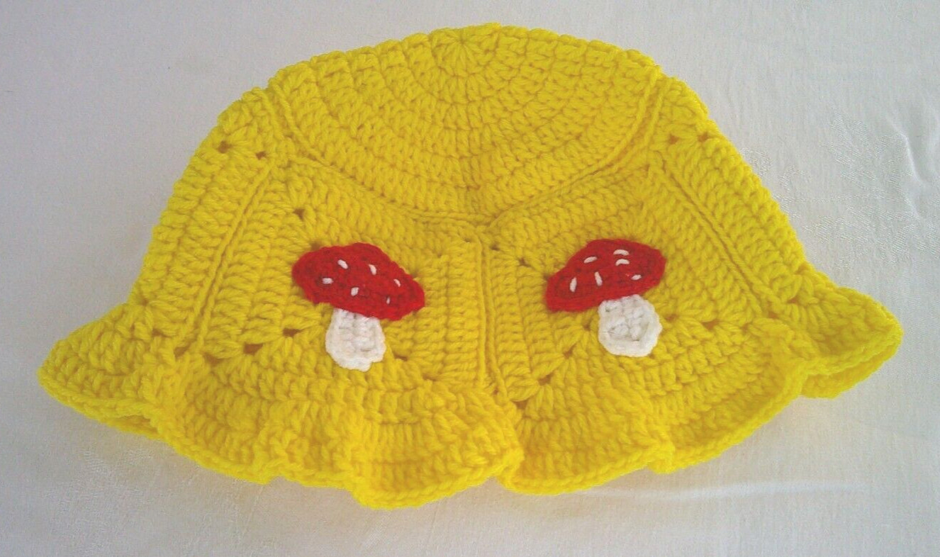Mushroom Wide Brim Yellow Bucket Hat Crocheted Acrylic/Cotton Handcrafted New