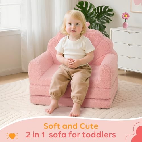 Toddler Chair and Couch for Kids, 2-in-1 Soft Couches that Fold Out for 1 Pink