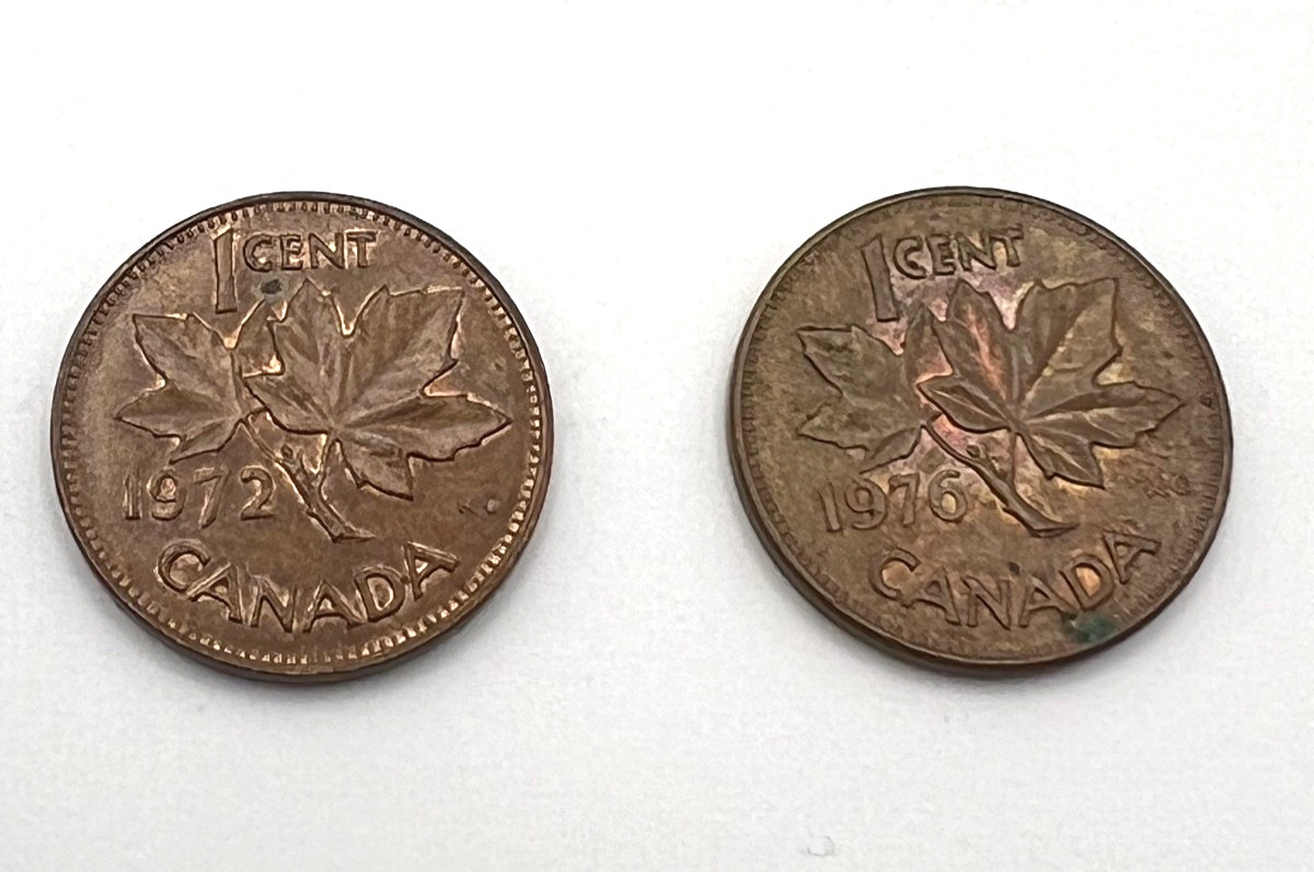 VINTAGE LOT OF 2 1970s CANADA 1 CENT COINS, 1972, 1976