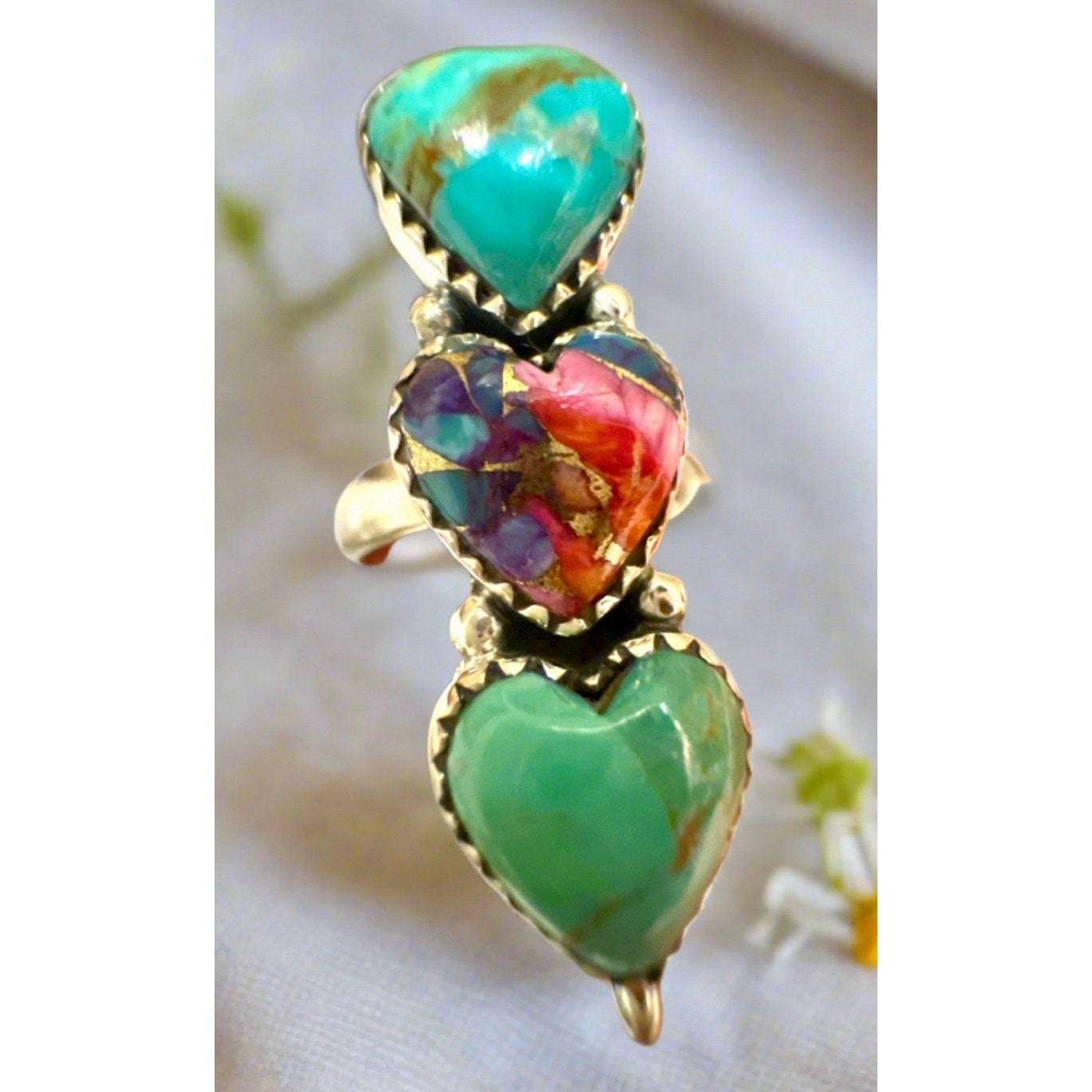 Kingman Turquoise & Pink Spiny Oyster Three Stone Ring Adjustable 925