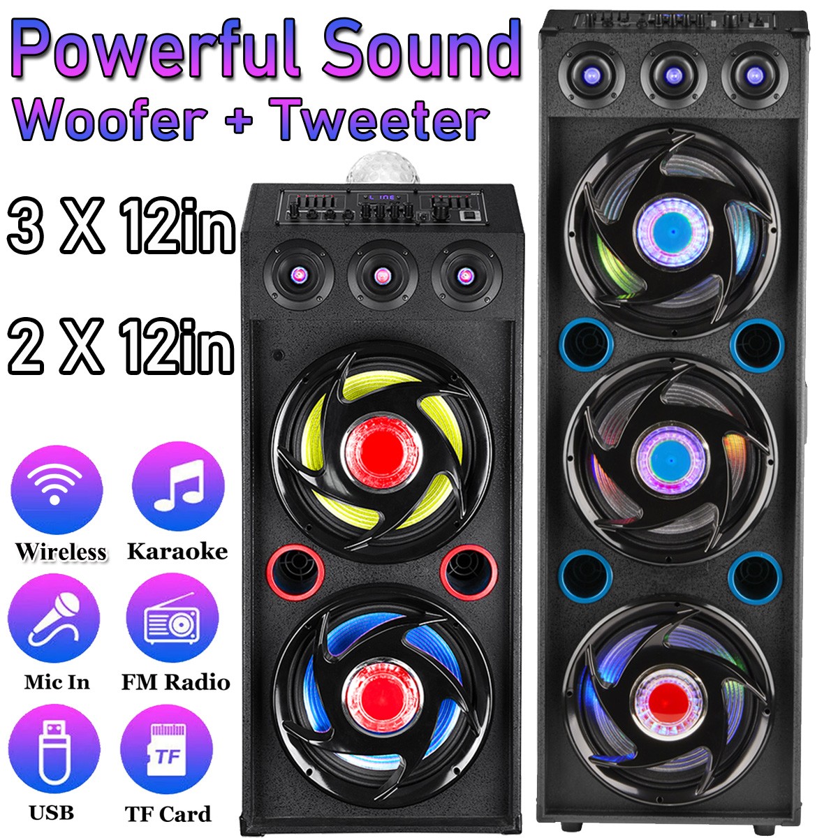 Wooden Bluetooth Speaker Dual 12" / Triple 12" DJ LED Light Party Sound System