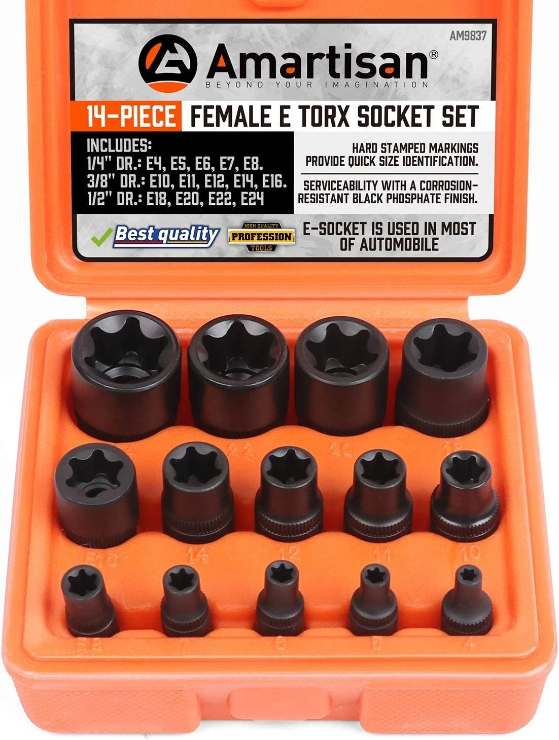 14 Pc Female E-Torx Star Socket Set/Rail, 1/4" 3/8" 1/2" Drive, E24 External Tor