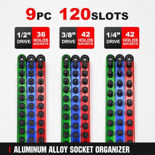 Magnetic Socket Organizer Set | 1/4" 3/8" 1/2" Socket Rail with 120 Clips |