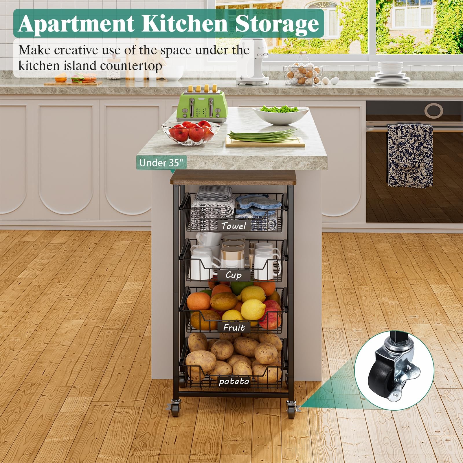 5tier Vegetable Fruit Basket Kitchen Storage Rolling Cart On Wheels With Pullout