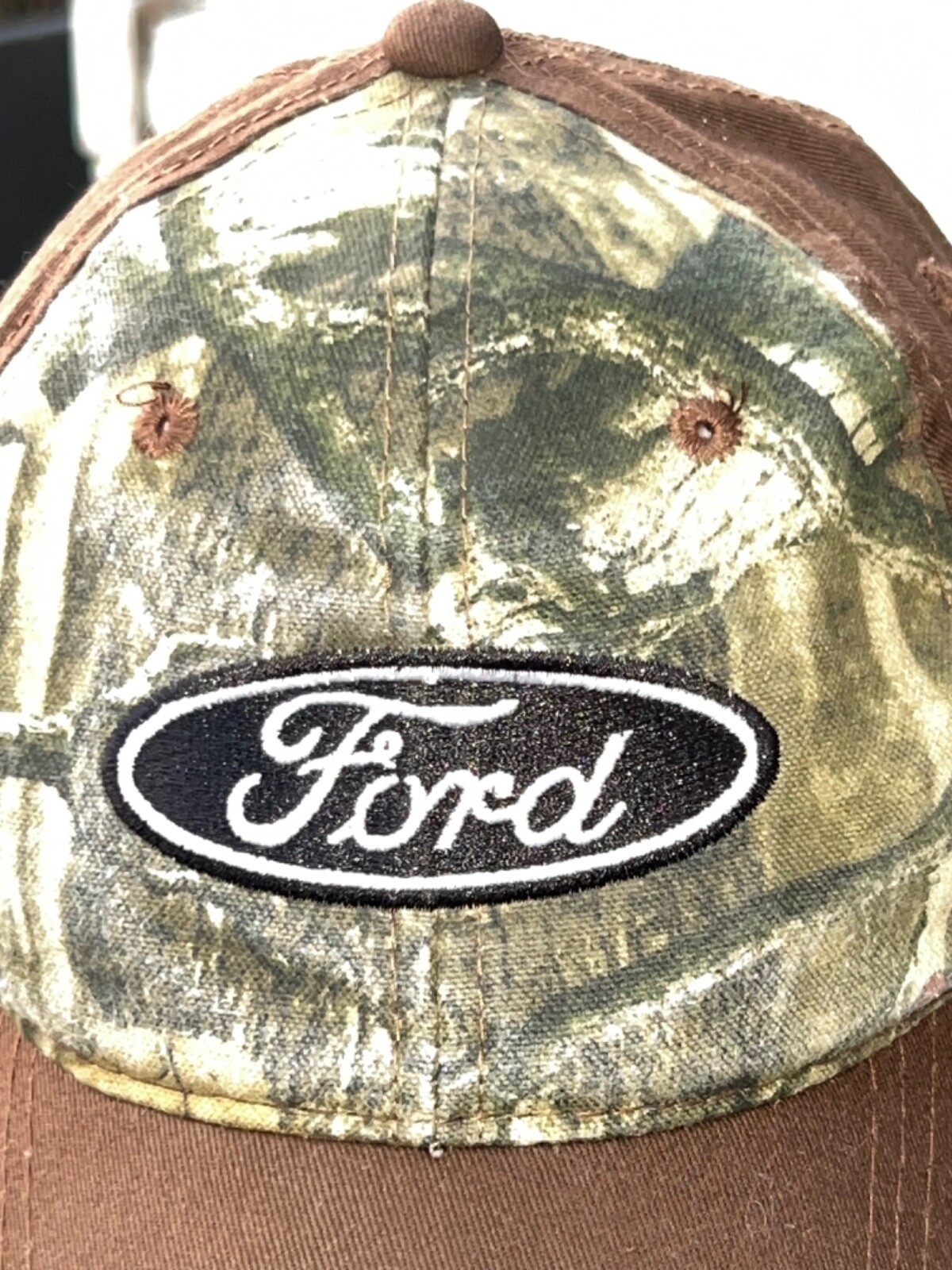 Ford Black and white patch on Brown and Green tan Camouflage Hat Cap Hook Loop