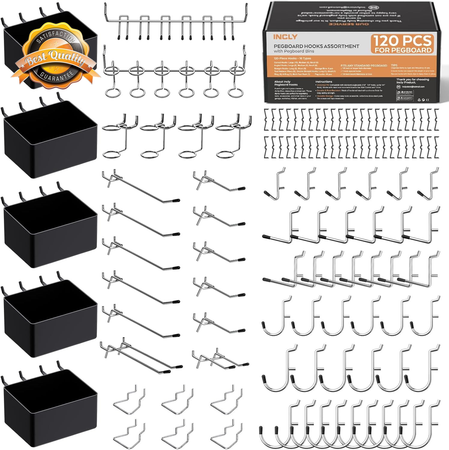 Pegboard Hook Accessories Kit Bins Garage Wall Storage 1/8 1/4in 120Pc