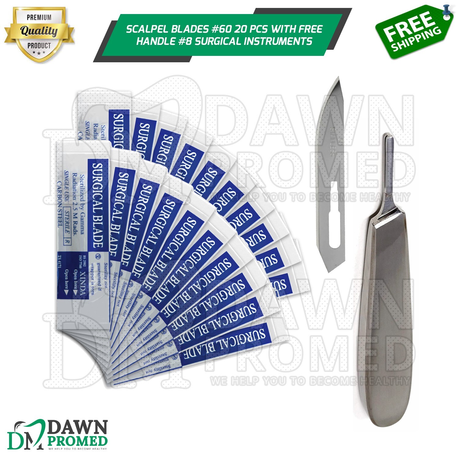 Scalpel Blades #60 20 Pcs W/Free BP Handle #8 Surgical Dental ENT Inst German Gr