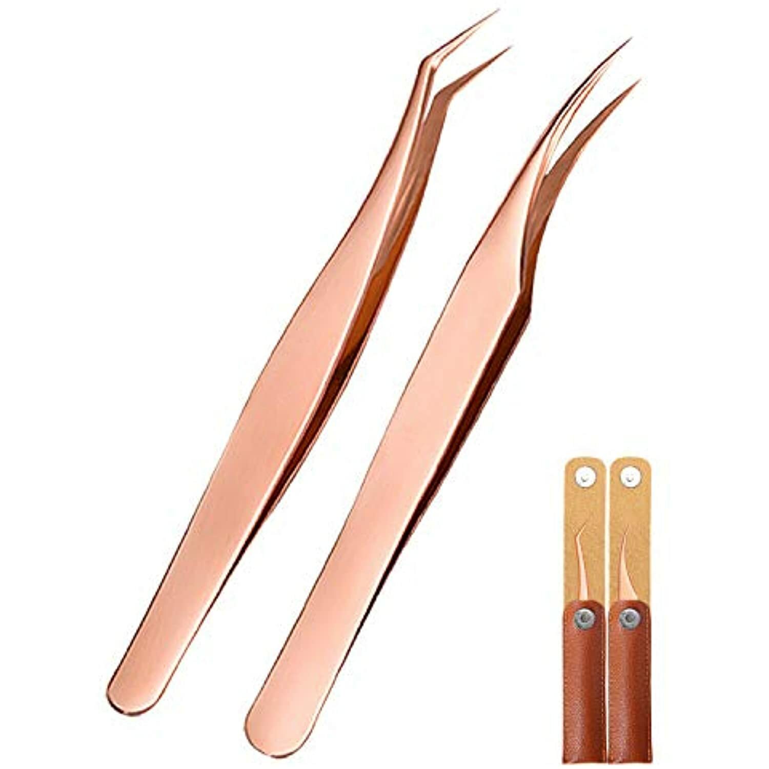 LanMa Eyelash Extensions Tweezers Curved Tip Stainless Steel Rose Golden 2-Pack