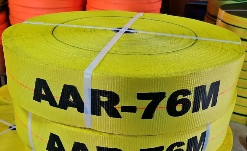 300' Roll of 4" Yellow w/ Orange Center Stitch & Black Edging Tie Down Webbing