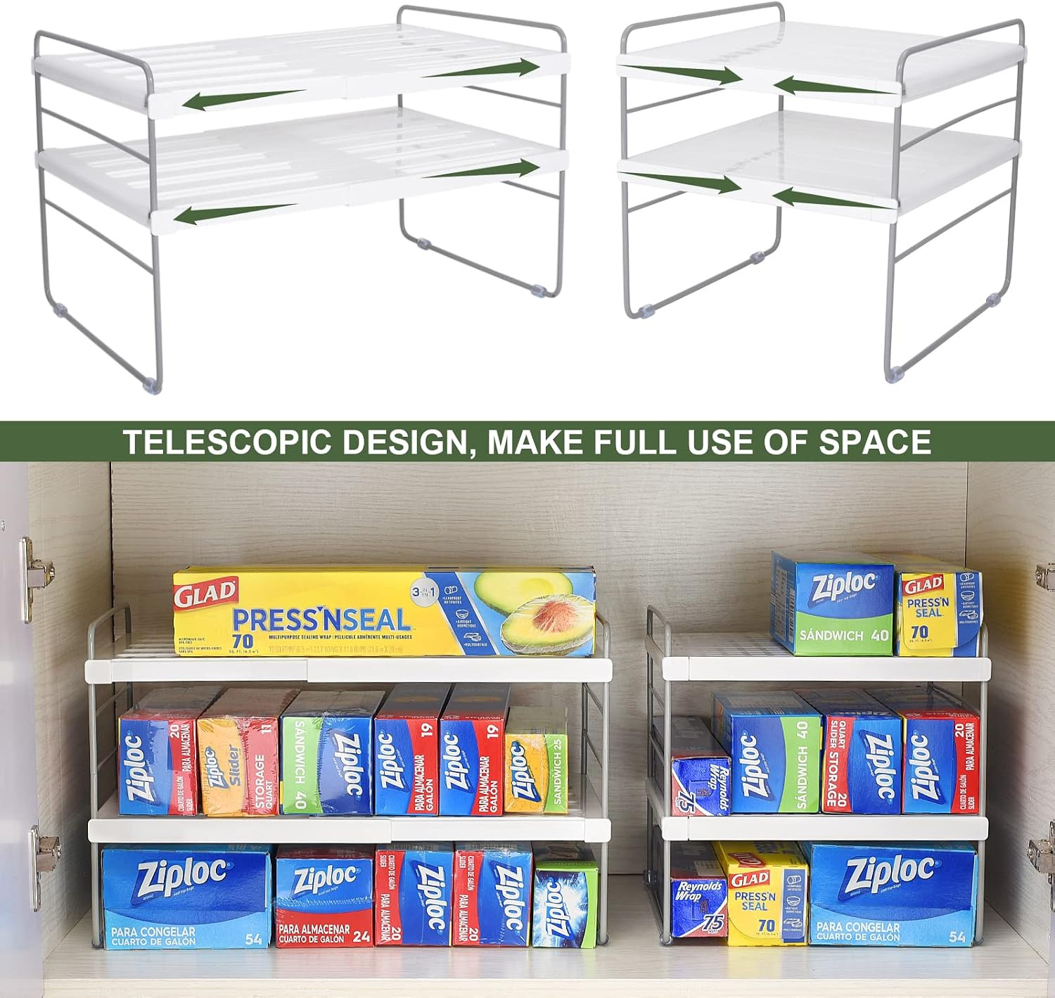 2 Pack Expandable Kitchen Wrap Organizer Rack, Height & Width Adjustable Aluminu