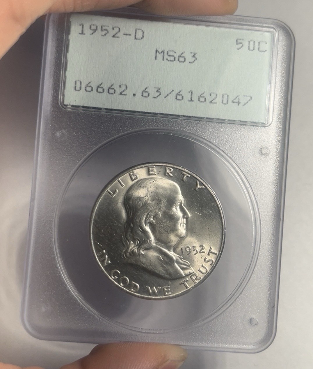 1952-D FRANKLIN SILVER HALF DOLLAR GRADED PCGS MS63 OGH OLD RATTLER HOLDER