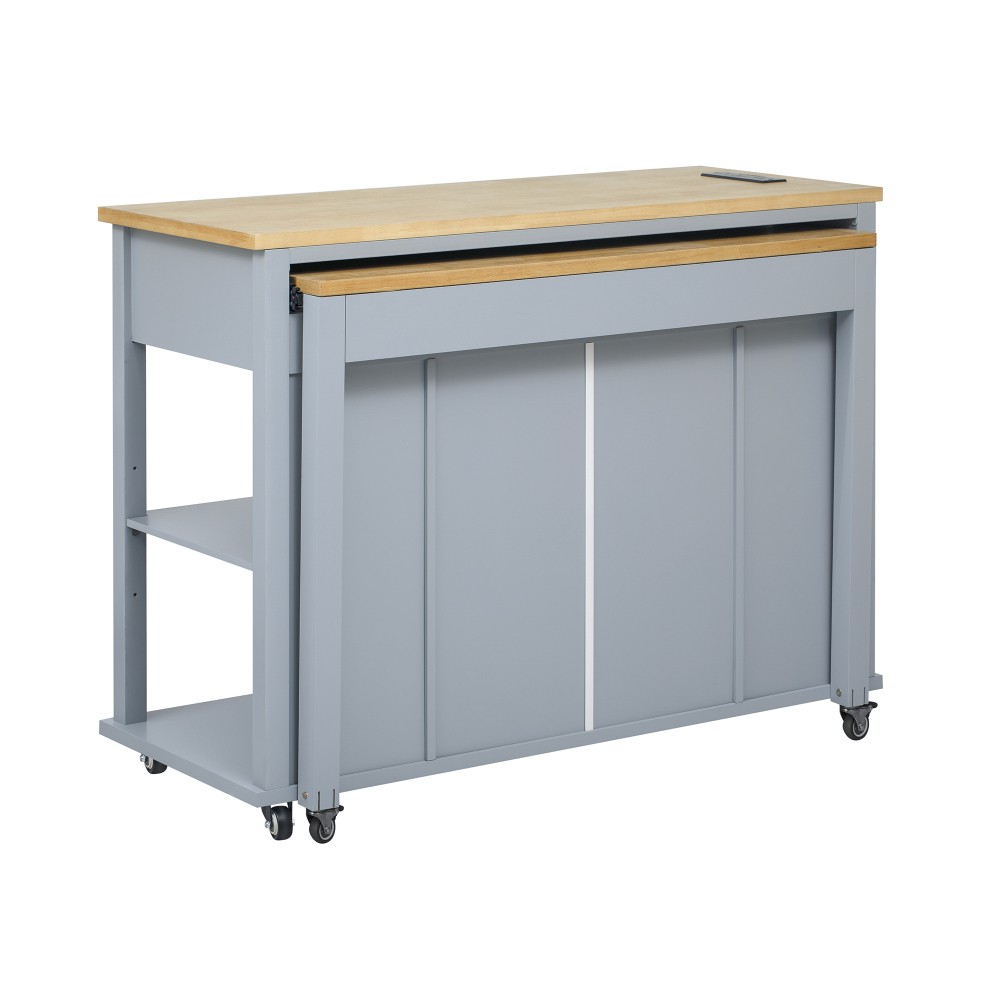 47-inch Kitchen Island w/ Extendable Table, Storage, Outlet - Grey Blue