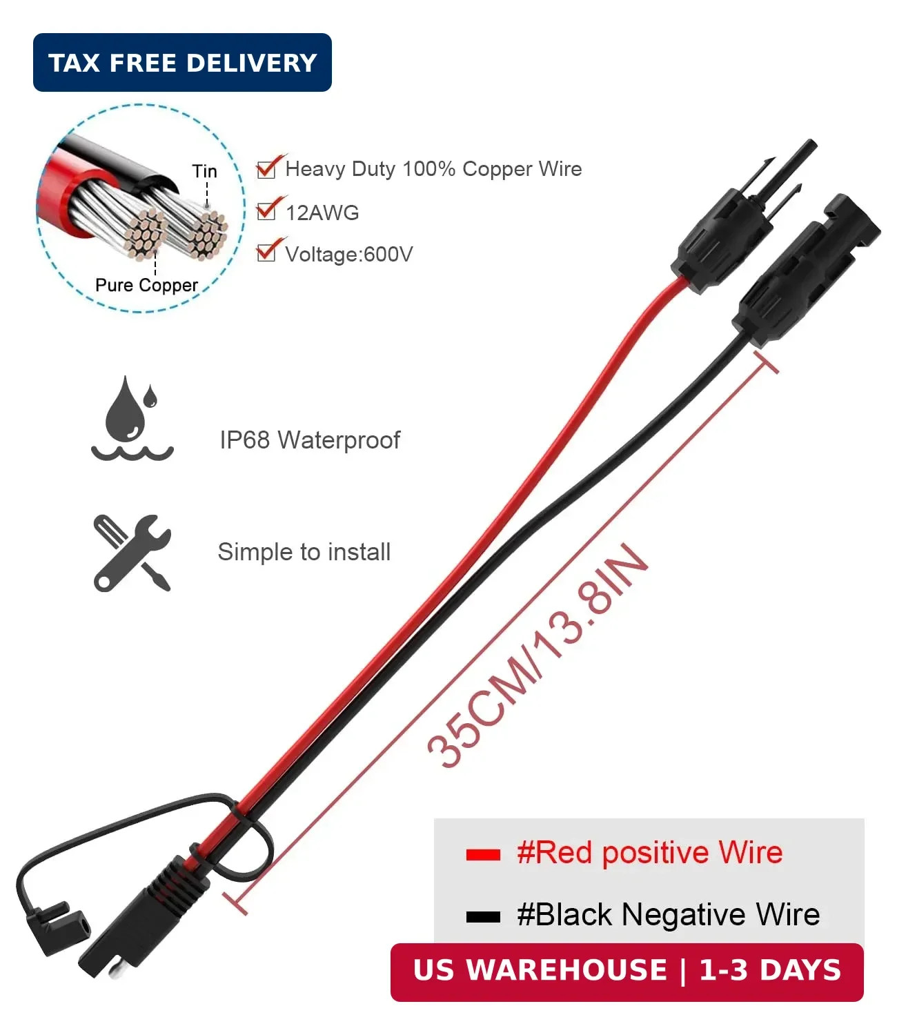 Solar Extension Cable - 10AWG, 30Cm with 2 SAE Polarity Reverse Adapters