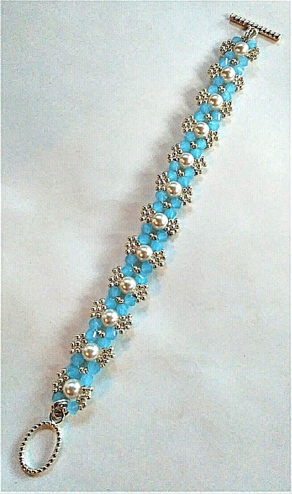 Handmade Aqua Blue White Pearl Beaded Bracelet