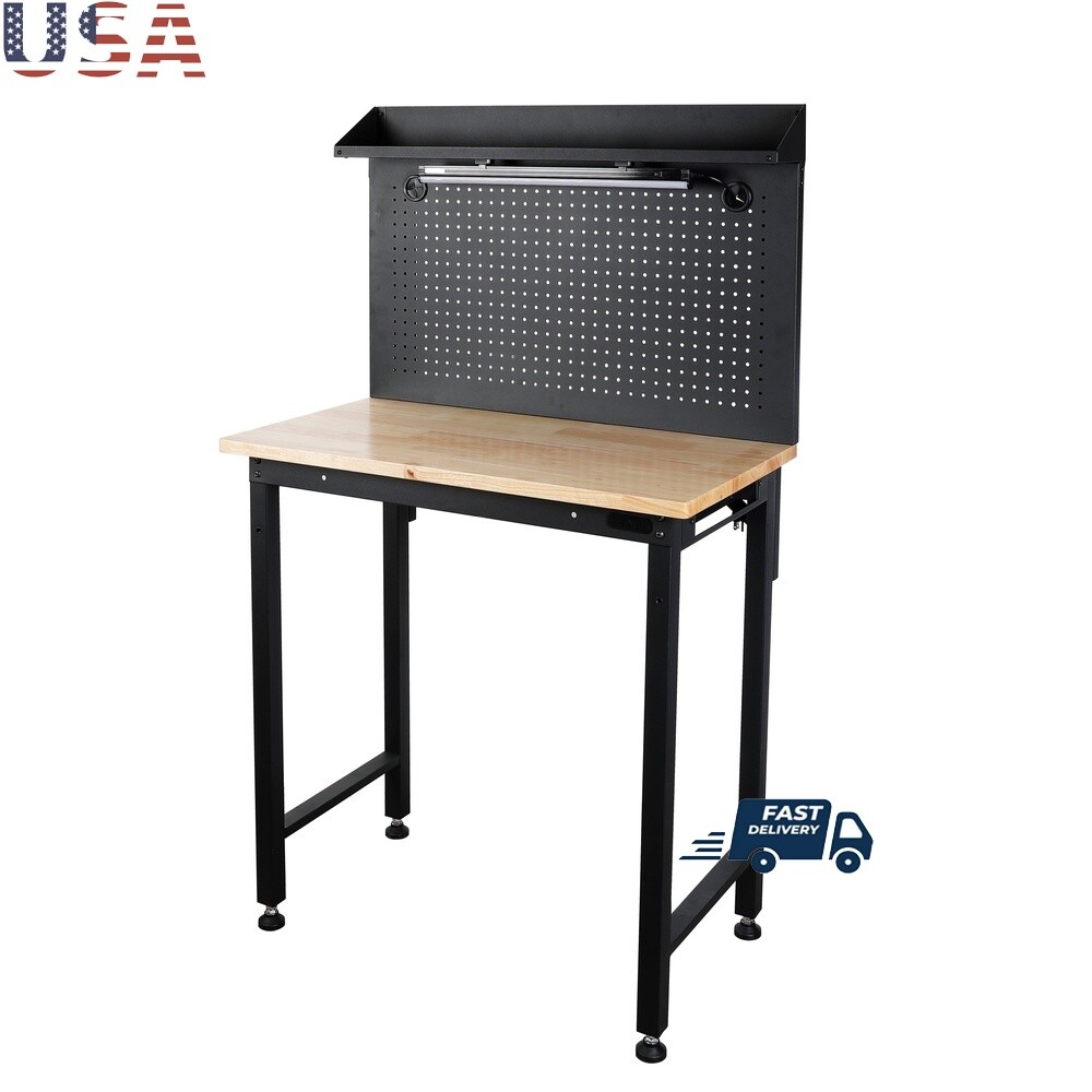 36in Workbench W/ Pegboard LED Light Heavy Duty Steel Garage Tool Organizer New