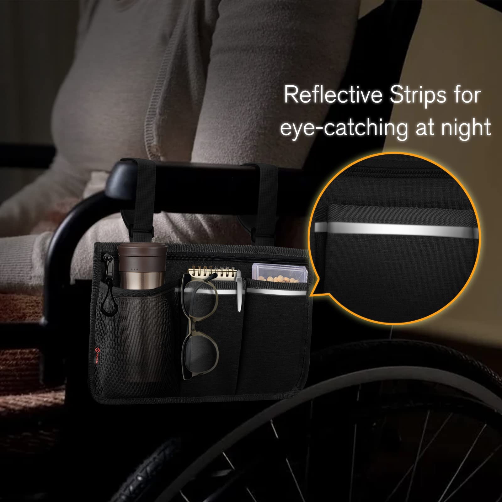 FINPAC Wheelchair Side Storage Bag - Armrest Accessories Black