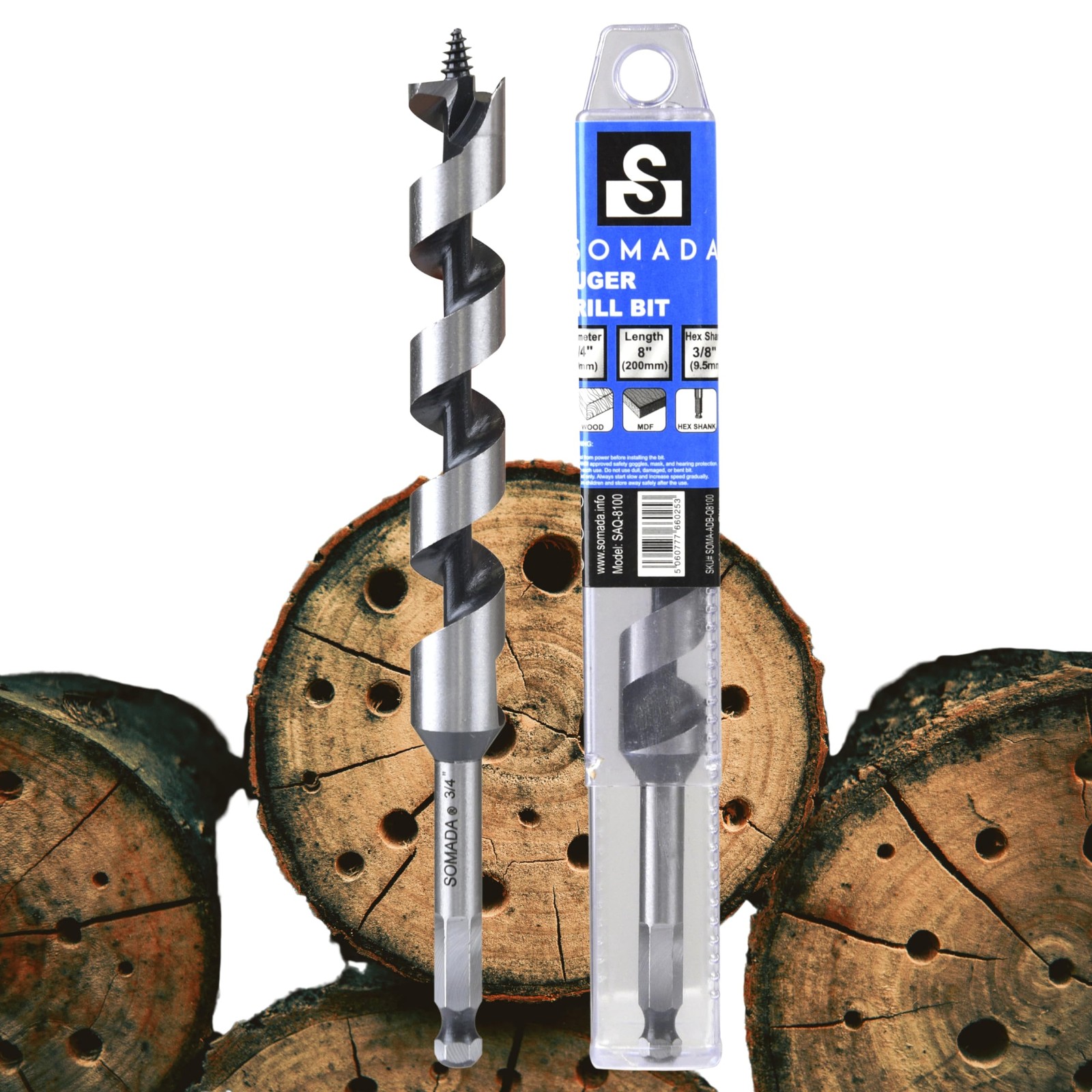 3/4Inch x 8Inch Auger Drill Bit for Wood, Hex Shank 3/8Inch One Piece,...