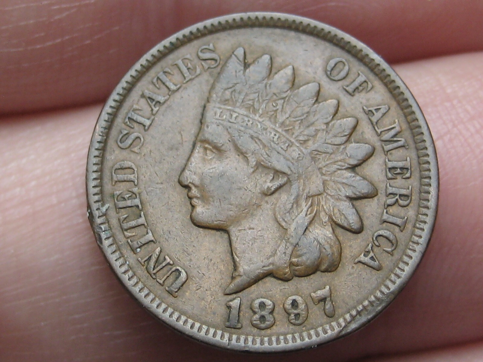 1897 Indian Head One Cent Penny- XF/AU Details, 2.5 Diamonds, Planchet Flaw?