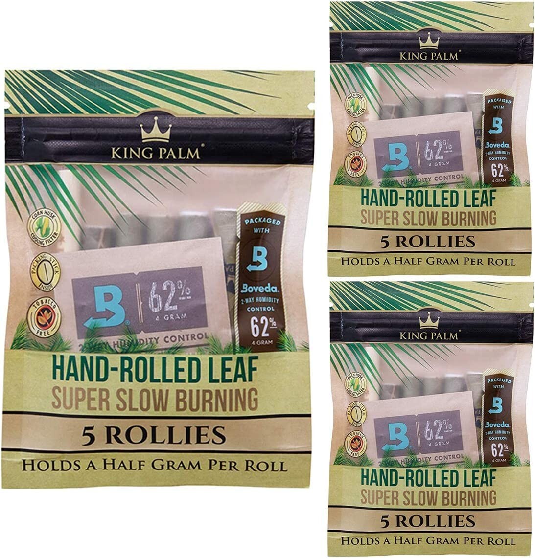 King Palm | Rollie | Natural | Prerolled Palm Leafs | 3 Packs of 5 Each =15Rolls