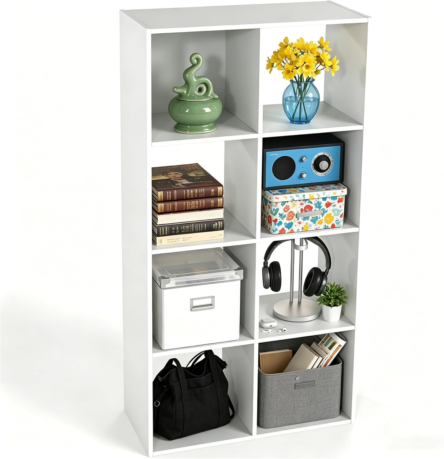 Stackable 8-Cube White Bookshelf – 47.7"L x 24"H, 4-Tier Organizer