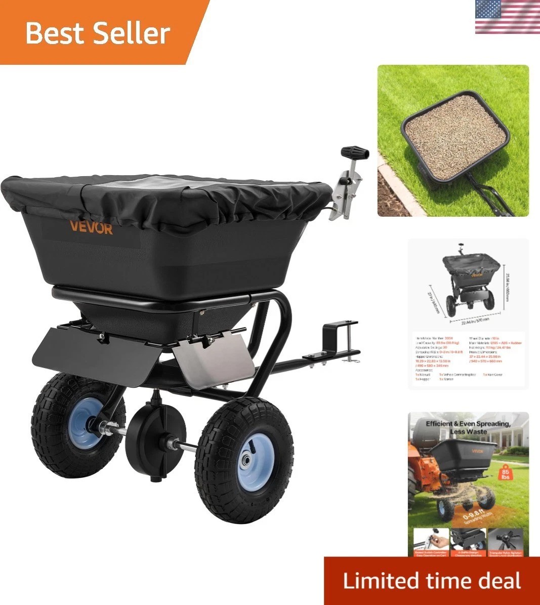 Effortless Gardening: 85 lb Tow-Behind Spreader with 10" Tires for Every Terrain