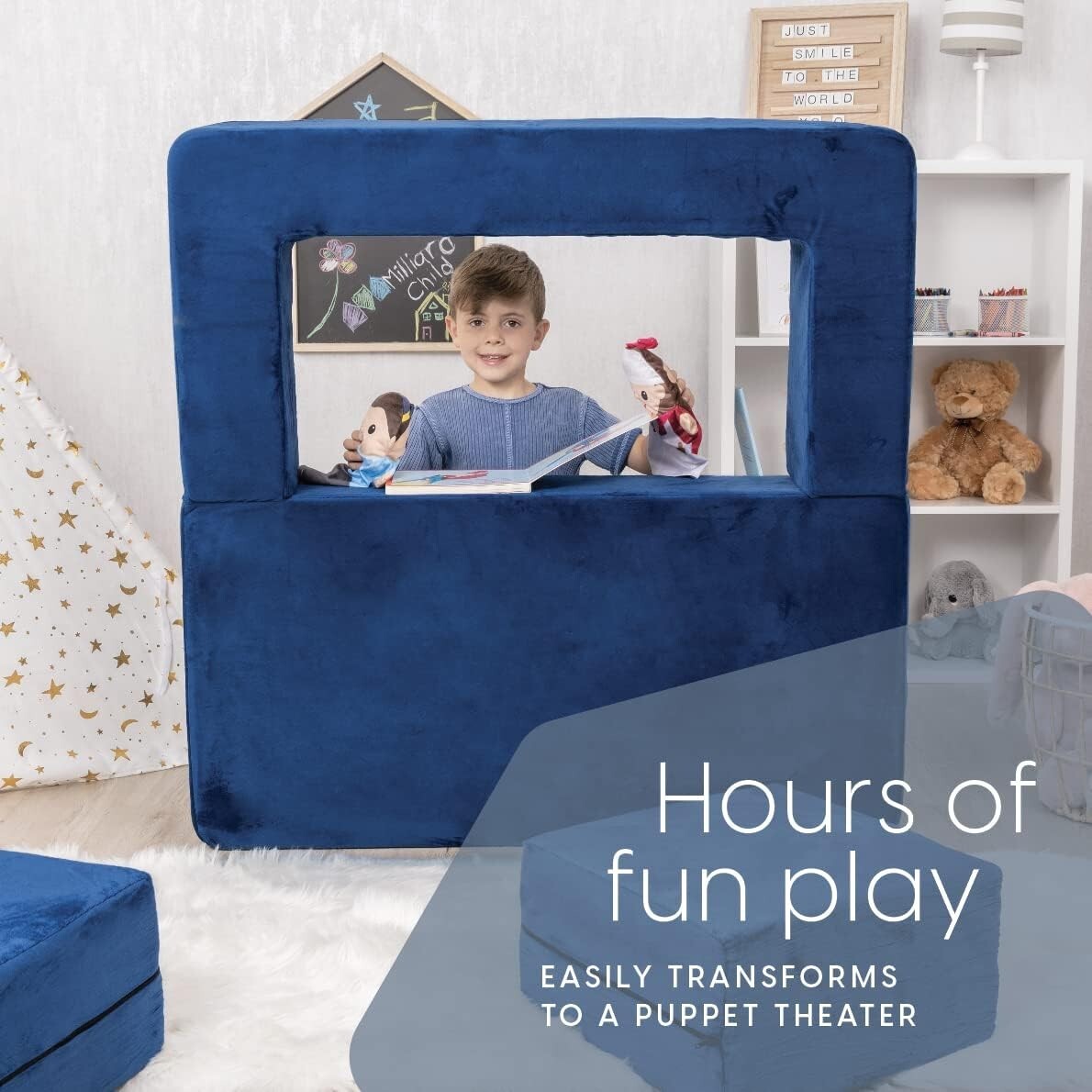 Comfortable Modular Kids Sofa - Navy Blue Loveseat with Pillow for Play Areas
