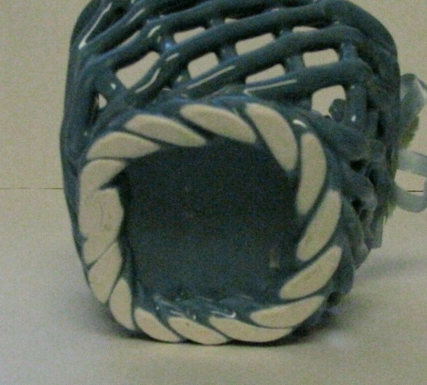 Open Weave Square Ceramic Basket With Twisted Handle Blue 4" Tall