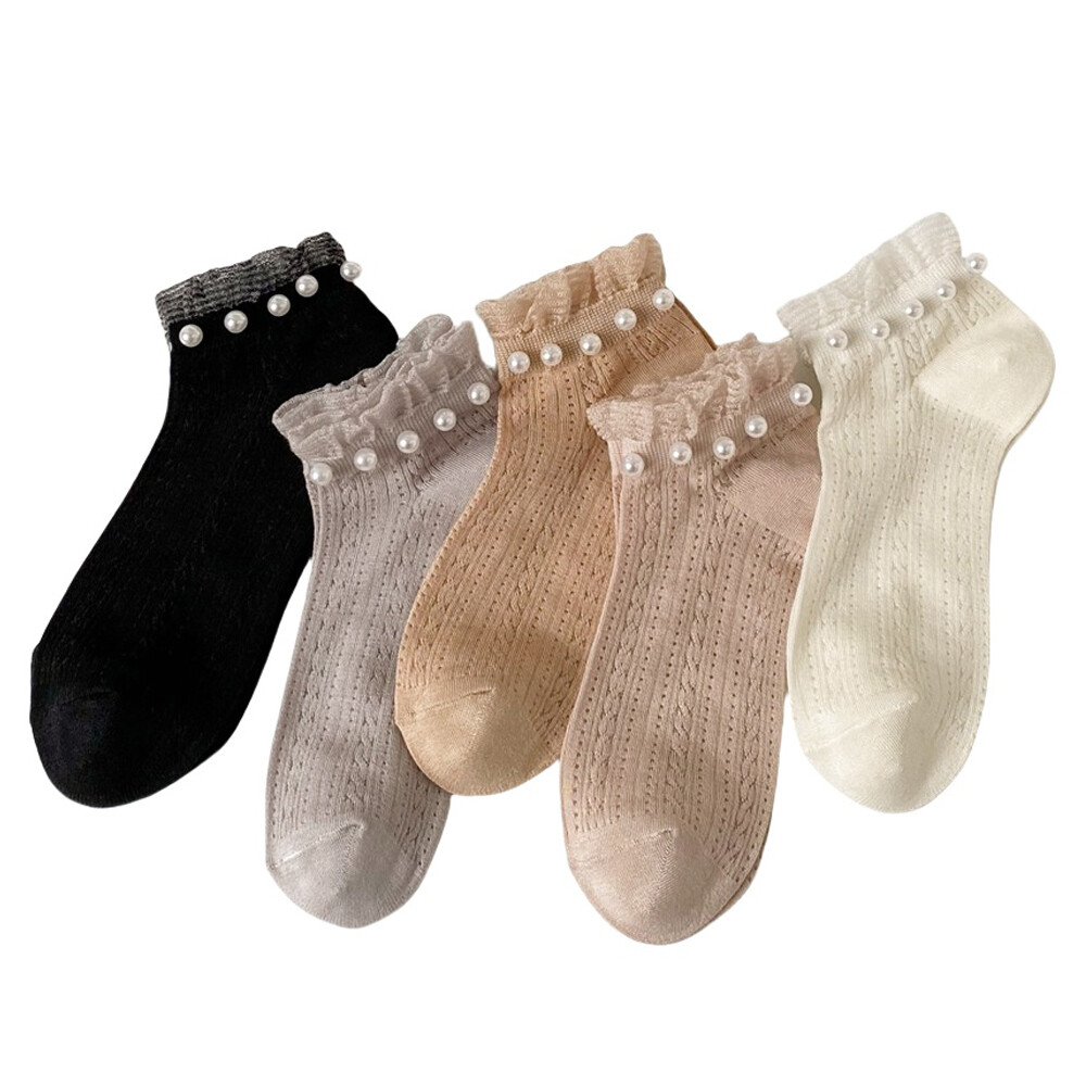 5 Pairs Women Mesh Beads Low Cut Socks Summer Breathable Lace Edge Boat Socks