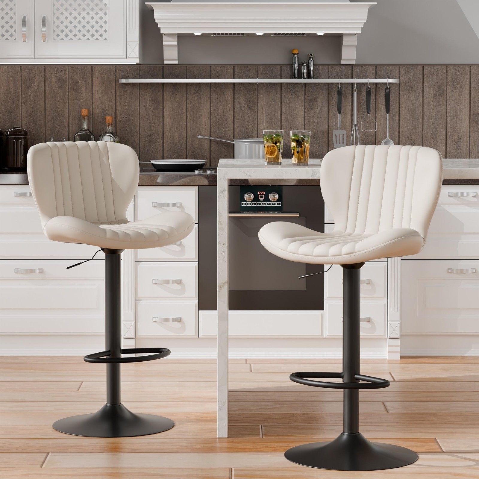 Bar Stools Set of 2 Modern Swivel Bar Chairs, Counter Height Faux Leather Met...