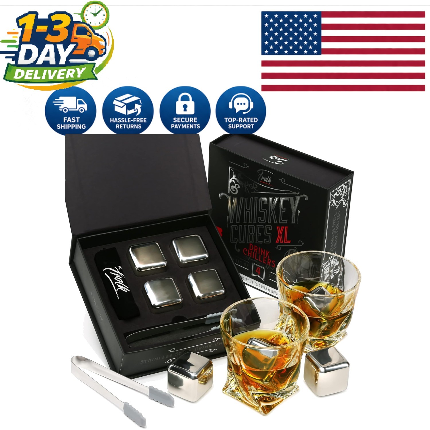 Elegant 4 XL Whiskey Ice Cubes in Gift Box with Tongs - A Must for Connoisseurs