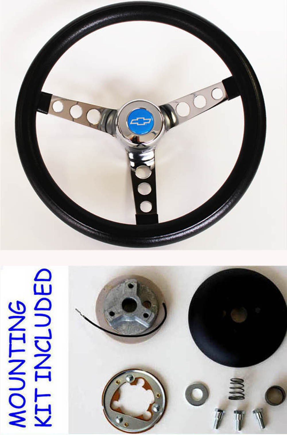 70-73 C10 C20 C30 Blazer Grant Black Steering Wheel Blue Bowtie cap 13 1/2"