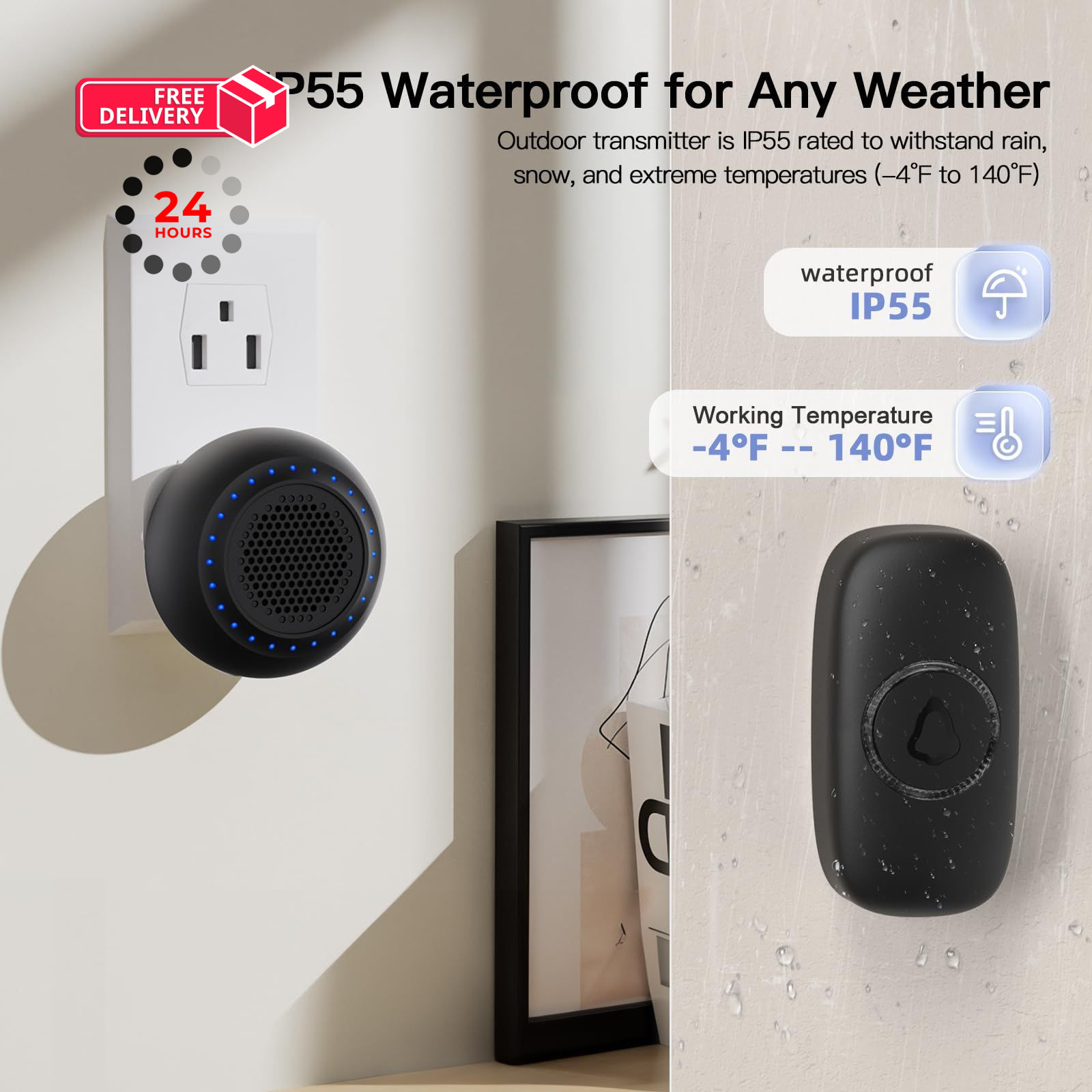 Wireless Doorbell with 2 Receivers, Waterproof 1 Button + 2 Black