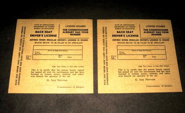 2 identical vtg joke gag back seat driver’s license, unused
