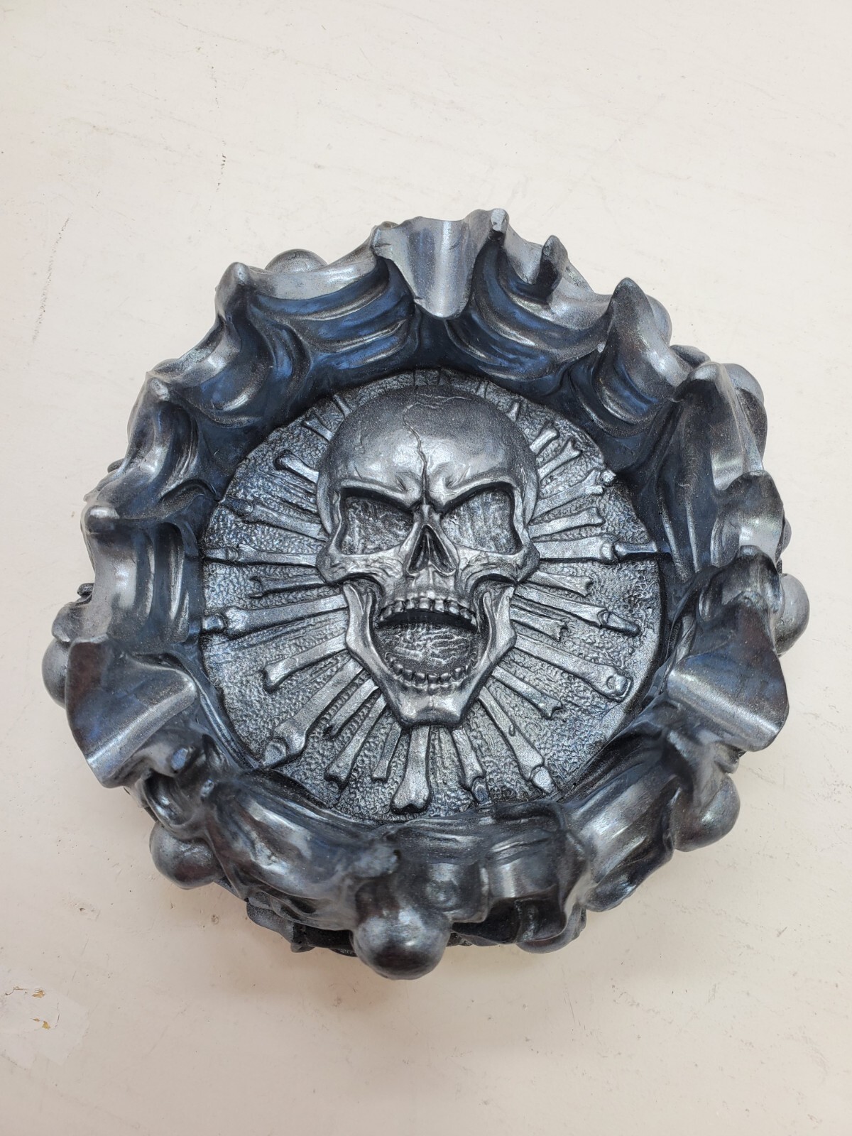 Handmade Skull Resin Ashtray or Trinket Dish  Black & Silver 4.5"