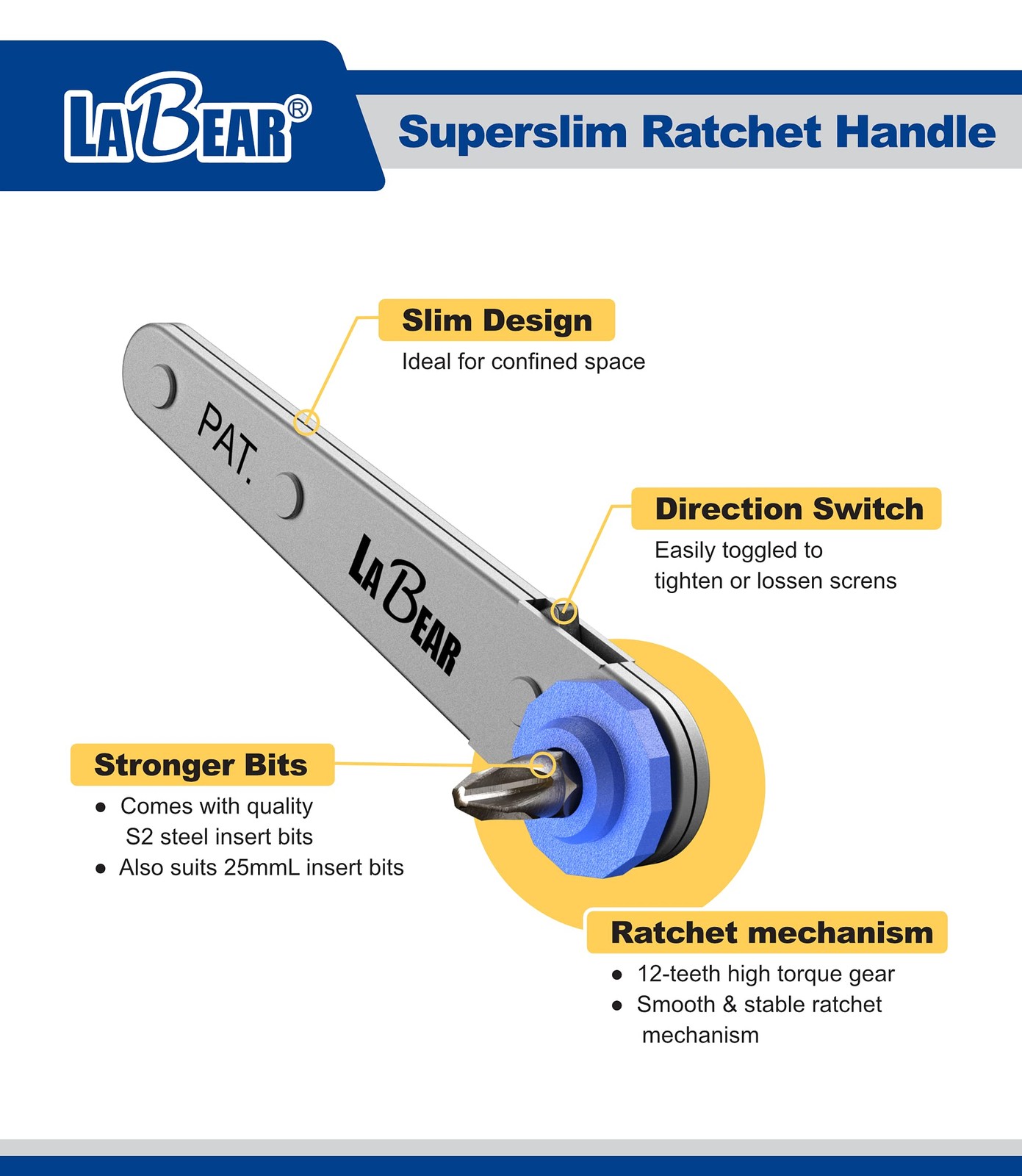 LABEAR Ultra Low Profile 12pc Ratchet and Bits Set, Blue