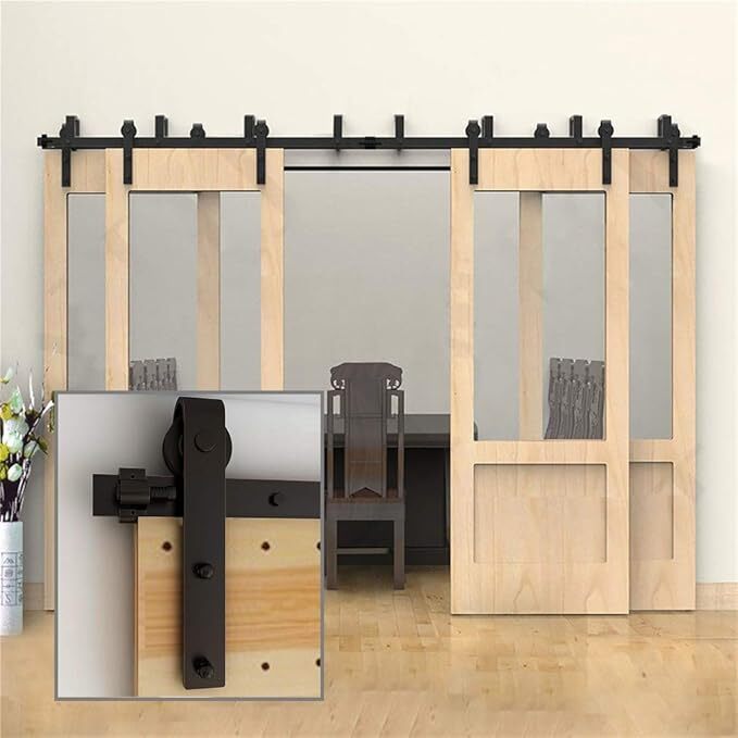 8-20FT Bypass Sliding Barn Wood Door Hardware Black Rustic Track Kit For 4 Doors