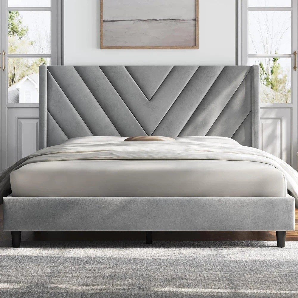 Base De Cama Tapizada Con Cabecero Queen Size Modernas 2024 Color Gris En Oferta