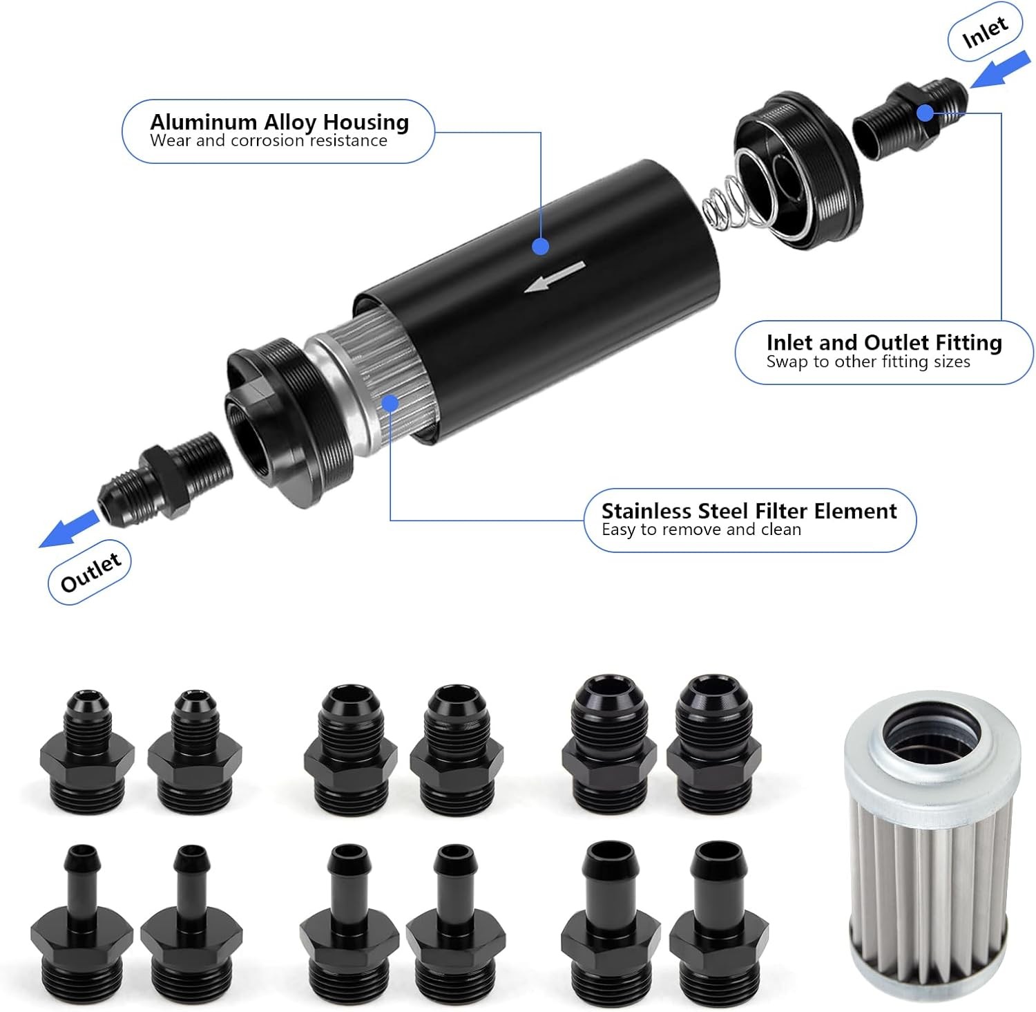Universal Inline Fuel Filter 100 Micron with Barb1/2" 3/8" 5/16" Fitting Adapter