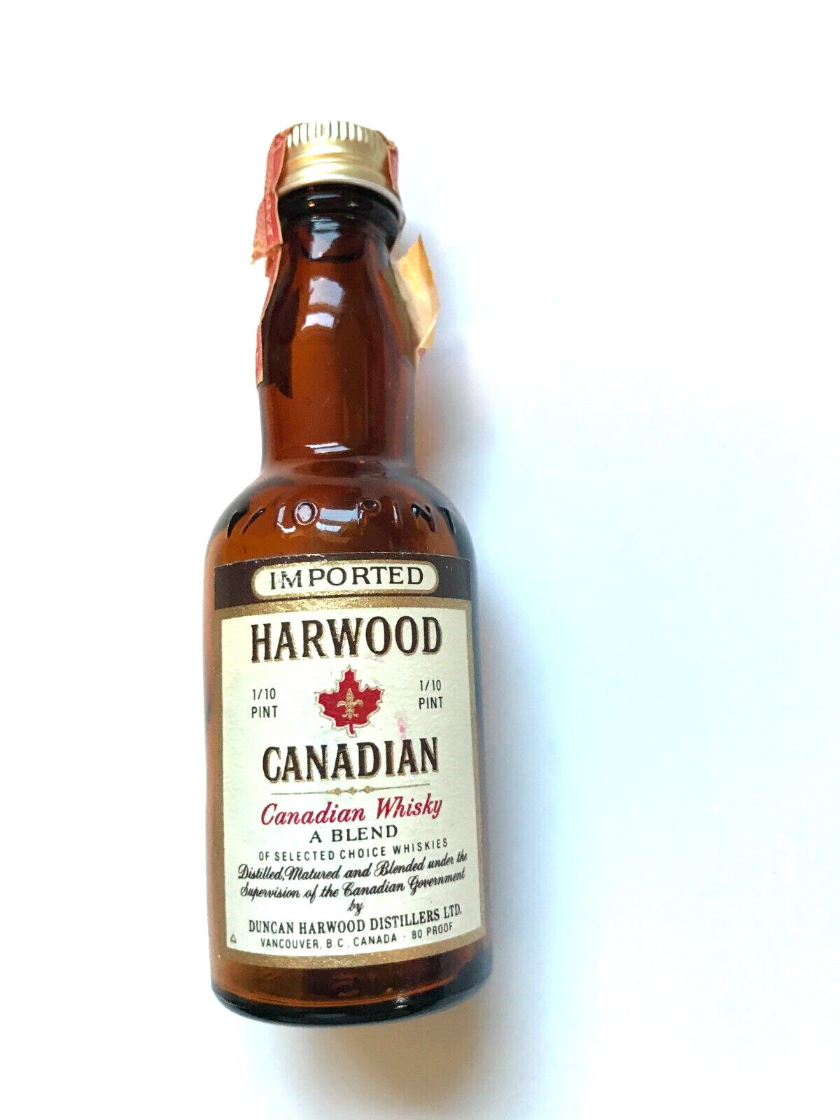 HARWOOD CANADIAN WHISKY MINI BOTTLE EMPTY to COMPLY w EBAY RULES & USPS RULES
