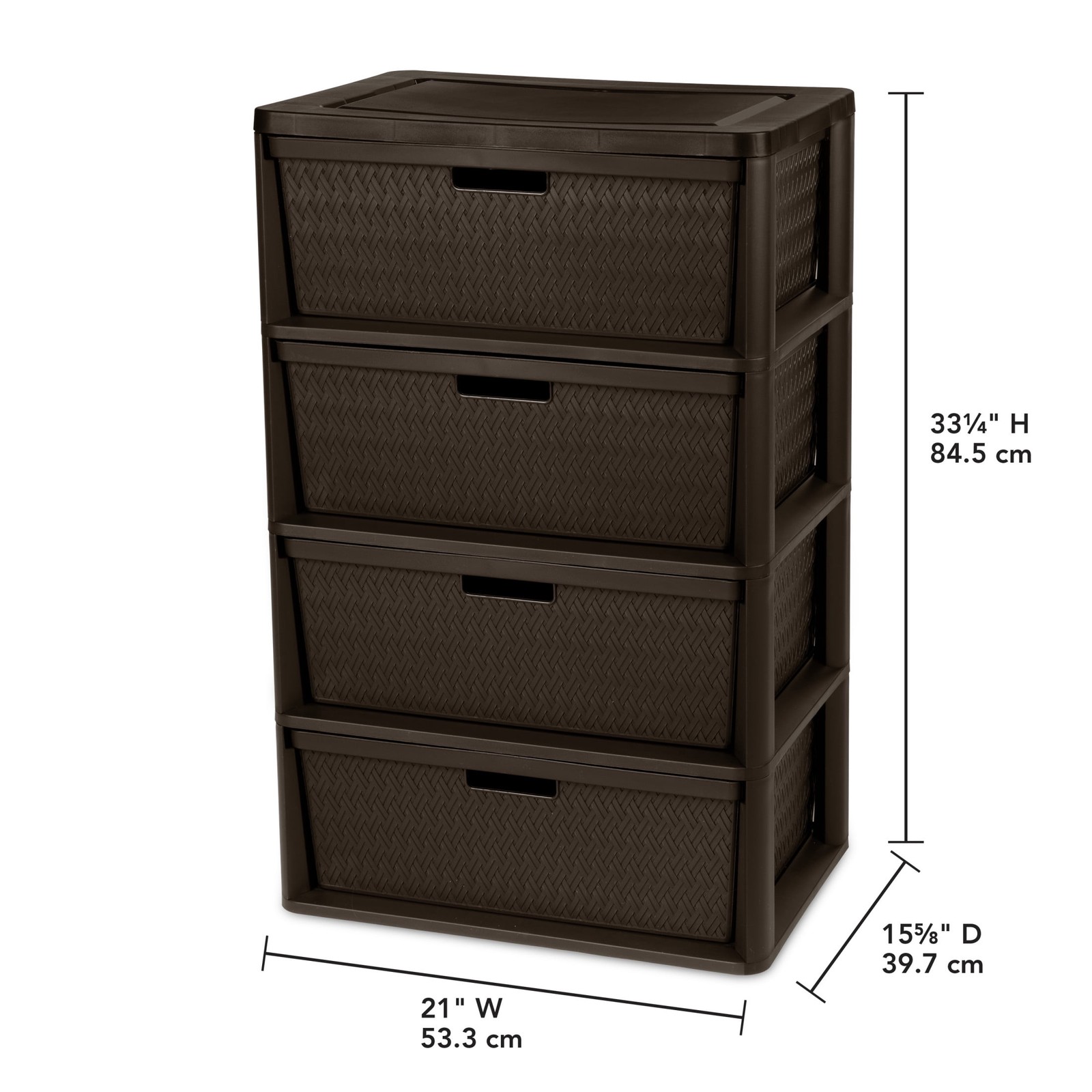 Wide 4 Drawer Tower Easy to Assemble W/ Removable Decorative Cross-Weave Plastic