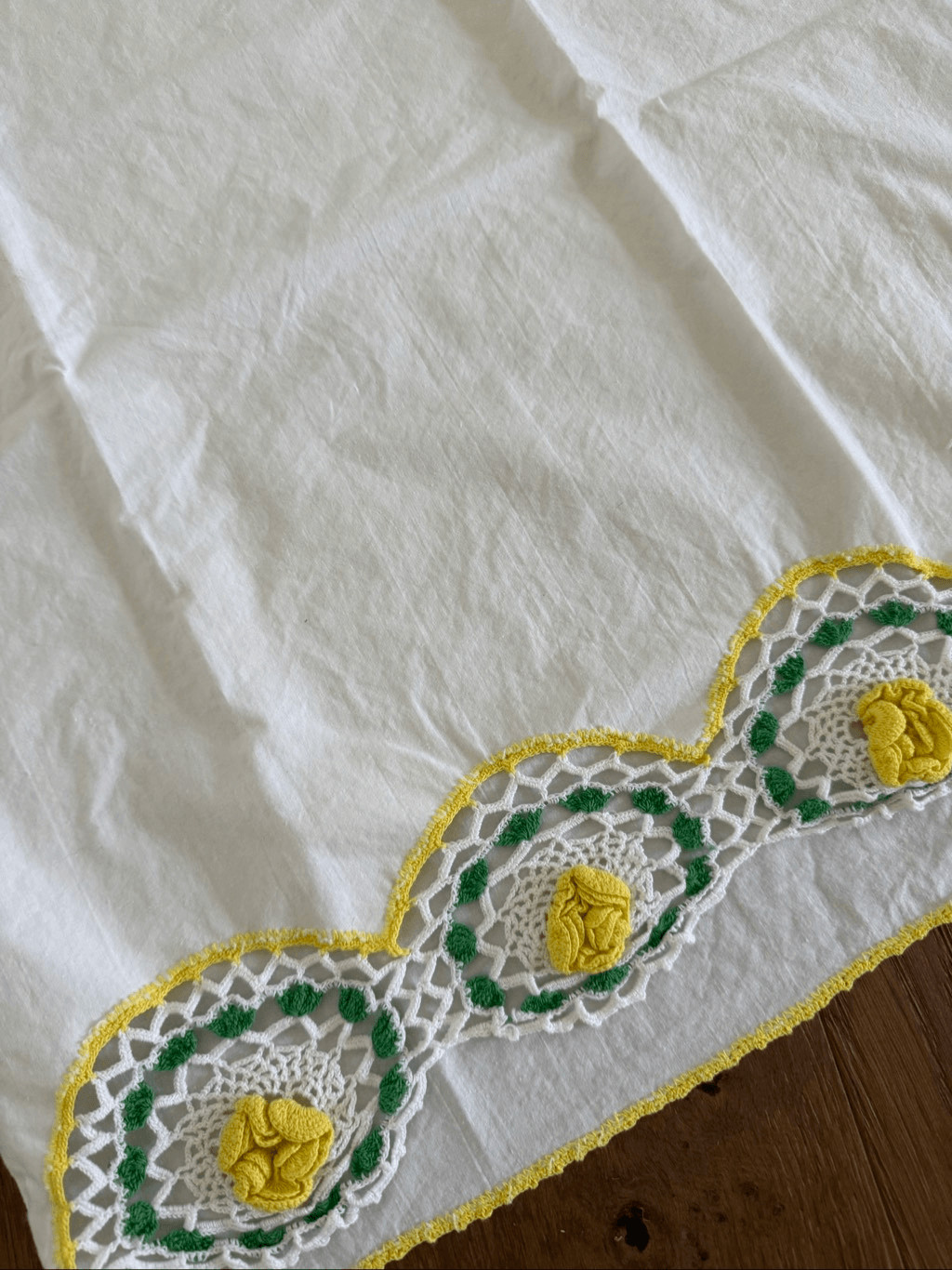 Vintage Queen Size Pillowcase Yellow Green Crochet