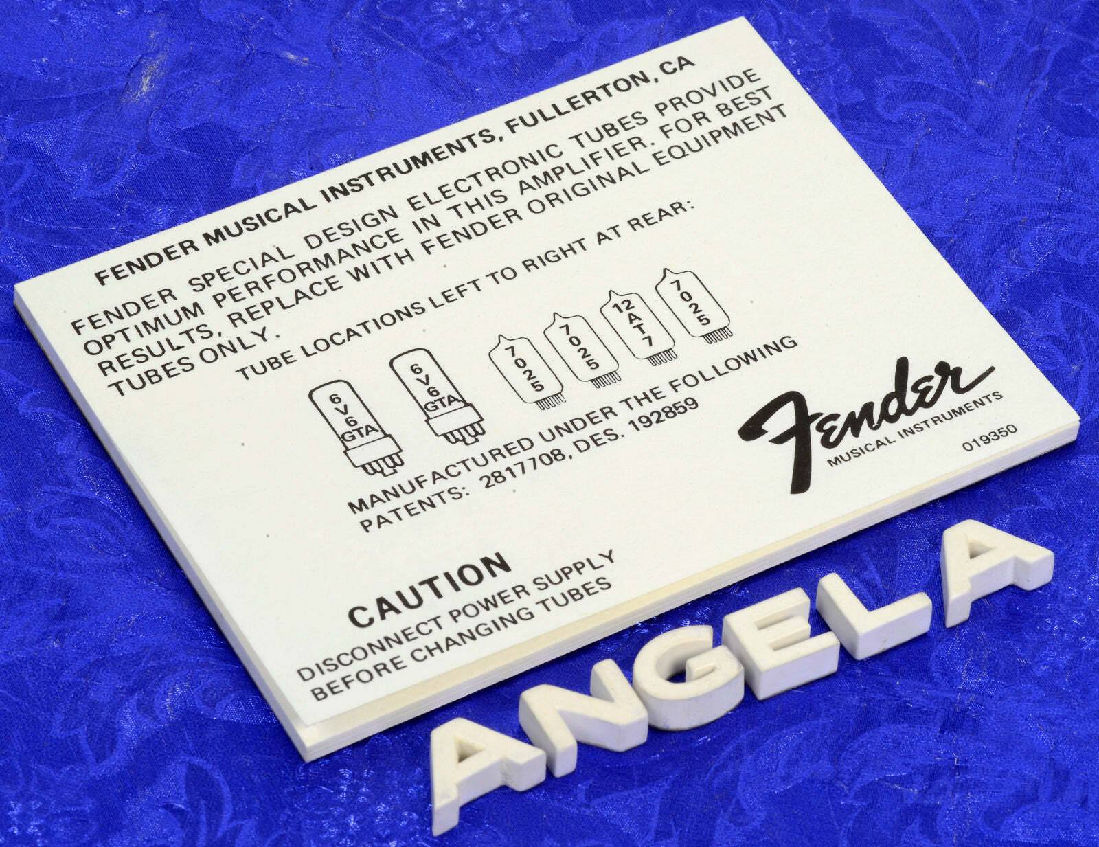 Fender Tube Chart #12 N.O.S. '70s-'80s 6V6GTA, 6V6GTA, 7025, 7025, 12AT7, 7025