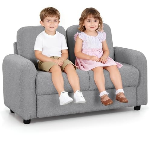 Kids Sofa, 2 Seat Soft Thick Upholstered Couch with Plush Fabric Solid Grey