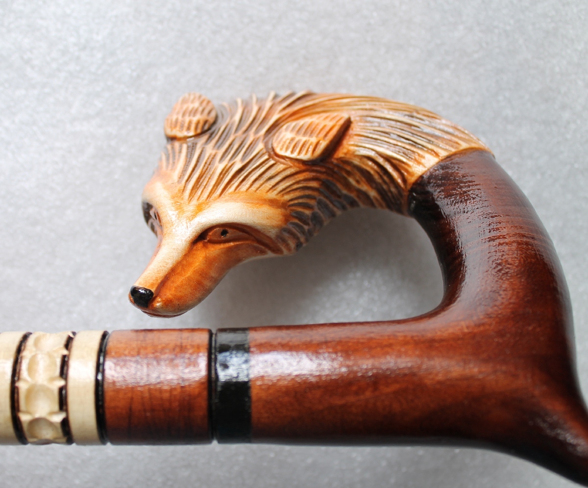 FOX Gorgeous Hand Carved Wooden Folk Art Linden 36" WALKING STICK Cane Ukraine