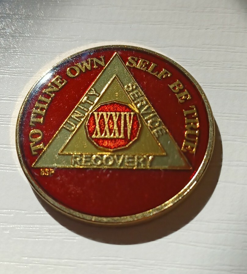 34 Year AA Sobriety Coin Medallion- Rich Mandarin Red Enamel 34th Year XXXIV