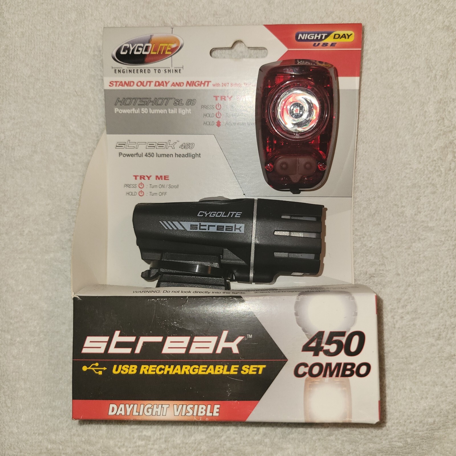 Cygolite Streak 450 Headlight and Hotshot SL50 Taillight Bike Light USB Recharge